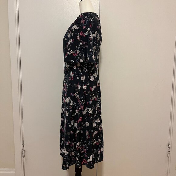 Dark Blue Crane & Blossom Print Midi Dress – Size 48 (fits like a L) - Picture 2 of 11